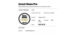 Invest Home Pro, Ranks On 2016 Inc. 5000 List of America’s Fastest-Growing Private Companies